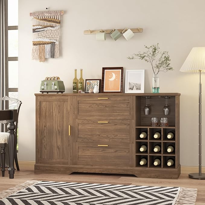 GarveeHome 63 Inch Farmhouse Sideboard Buffet with Drawer Adjustable Shelves,Kitchen Island with Door-Back Rack for Snacks,Coffee Bar Buffet with Wine Racks Storage for Kitchen Entryway Rustic Walnut