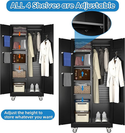 Garage Storage Cabinet with Wheels and 5 Pegboard, Broom Closet Storage Cabinet with Hanging Rod and 13 Hooks, Metal Cabinets with 4 Shelves for Garage, Home, 71"H x 31.5"W x 15.75"D, Black