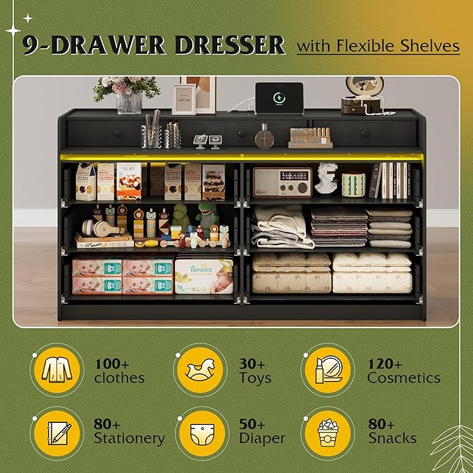 WLIVE 9 Drawer Led Dresser for Bedroom, 58" Black Wood Dresser Storage Organizer with Charging Station for 65" TV, Dressers with Open Shelves, Chest of Drawers for Closet, Living Room