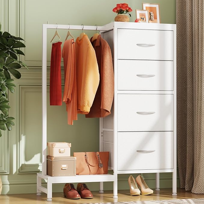 Dresser with Hanging Rack, 4 Drawers Small Closet for Bedroom, Reversible Fabric Kids Chest of Drawers with Clothes Rack, Tall Storage Tower, Sturdy Frame, White, 44''H