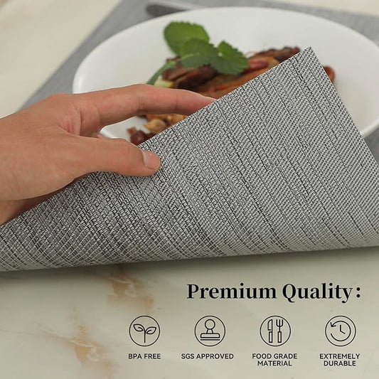 Leetaltree Grey Placemats, Heat Resistant Non-Slip Place mats for Dining Table, Washable Durable PVC Vinyl Woven Table Mats (Set of 16)