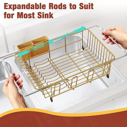 JASIWAY Gold Dish Drying Rack in Sink, Expandable Stainless Steel Dish Drainers for Kitchen Counter, Dish Dryer Rack for Inside Sink, Over The Sink Dish Racks with Utensil Holder