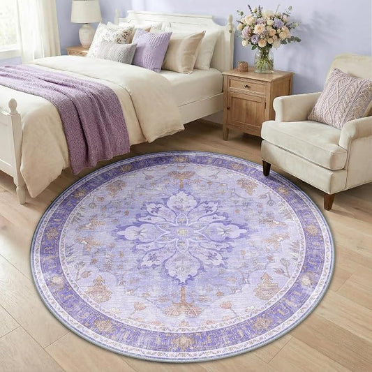 RELEANY Area Rugs Round 5ft Washable Non-Slip, Floral Vintage Distress Medallion Carpet for Living Room Bedroom Dining Room, Light Purple Brown