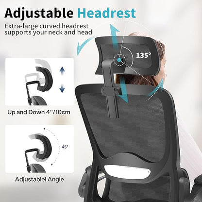 Ergonomic Office Chair,Mesh Office Chair with Lumbar Support,High Back Desk Chair with Flip-up Arms,400 lbs Big and Tall Computer Chair with Headrest,Comfy Desk Chairs (Black)