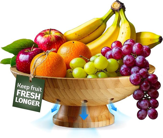 Fruit Basket Fruit Bowl for Kitchen Counter - Wooden Pedestal Bowl with Ventilation Holes, Decorative Bamboo Holder, Wooden Serving Frutero for Produce and Vegetable Storage, Wood Decorative Gift Idea