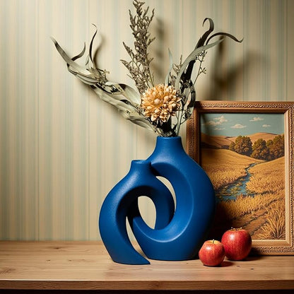 Levvohd Snuggle Hollow Ceramic Vase Set of 2, 8.4 inch Modern Nordic Coastal Shaped Pampas Grass Aesthetic Decorative Table Vases for Home Decor (Matte Navy Blue - M)