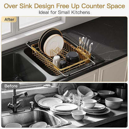 JASIWAY Gold Expandable Stainless Steel Dish Drying Rack Over The Sink for Small Kitchen, Counter Space Saving Compact Plate Drainer Strainer, Adjustable Hanging Metal Dish Dryer with Utensil Holder