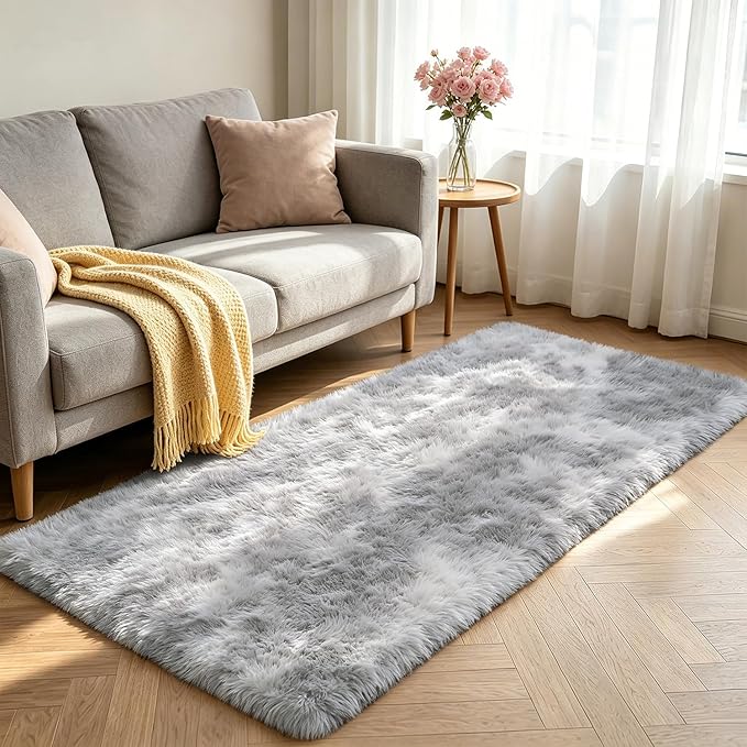 Shag Runner Rug for Bedroom Living Room 3x7 Upgrade Non-Slip Fluffy Soft Bedside Rugs,Shaggy Gray Carpet for Livingroom Dorm Home Decor Aesthetic