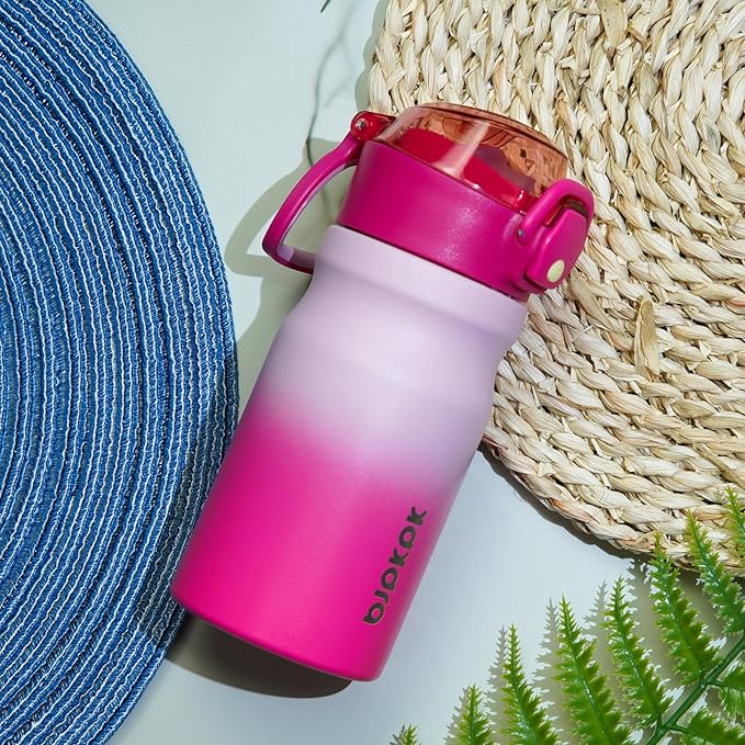 BJPKPK Insulated Water Bottle 14oz Stainless Steel Water Bottles with Straw and Carry Handle Double Wall Metal Thermal Flask,Cherry Blossom