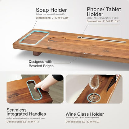 Tinamo Teak Shower Bench 22" L and Acacia Bathtub Caddy Tray 39" L Bundle