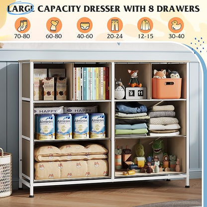 WLIVE Dresser for Bedroom with 8 Drawers, Wide Fabric Dresser for Storage and Organization, Bedroom Dressers, Chest of Drawers for Living Room, Closet, Hallway, Cream White