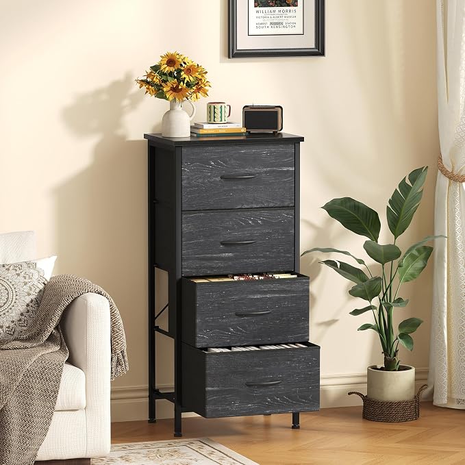 Sweetcrispy 4 Drawer Fabric Dresser Storage Tower Nightstand Chest | Small bedroom dresser and nightstand with sturdy frame,Perfect for closet,entryway,dorm,Black Wood Grain