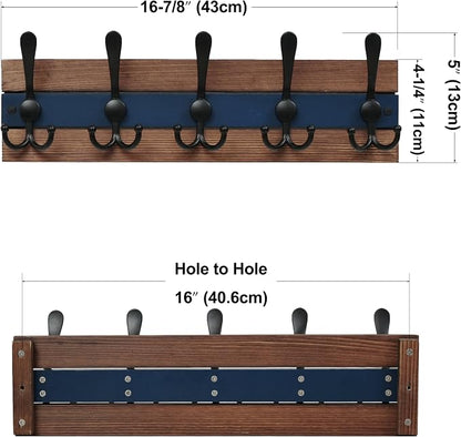 SKOLOO Rustic Wall Mounted Coat Rack - 16-7/8" Long Coat Hooks for Wall with 5 Triple Hooks for Hanging Coats, Hats or Tools, Western National Parks Collection, Wood Brown & Blue