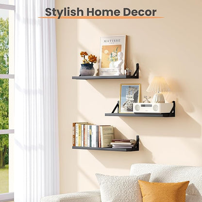 upsimples Floating Book Shelves for Wall, 23.6 Inches Floating Wood Shelves for Living Room, Laundry Room, Bedroom, Office Organizer and Storage, Black
