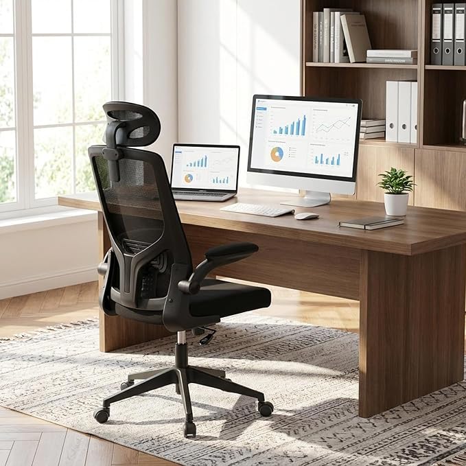 Office Computer Desk Chair, High Back Mesh Home Office Conference Room Chairs with Adjustable Headrest, Flip-Up Arms, Comfortable Lumbar Support, Black (Set of 1)