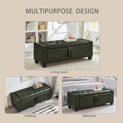 Furniliving Storage Bench, 48‘’ Upholstered PU Leather Ottoman Bench with Button-Tufted, Folding Bedroom Bench with Wood Legs, Entryway Bench for Bedroom, Grass Green