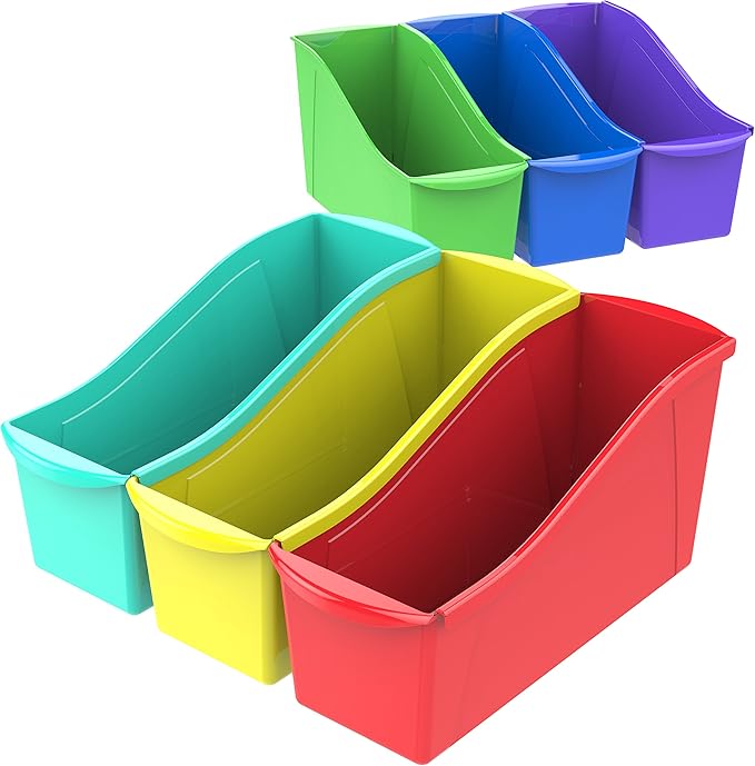 Storex Large Book Bin, Interlocking Plastic Organizer for Home, Office and Classroom, STEM Assortment, 6-Pack