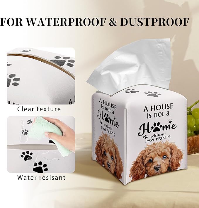 Grace Yonks Cute Poodle Tissue Box Cover Square, Poodle Dog Cube Case for Facial Tissues, 5.2" PU Leather(033)