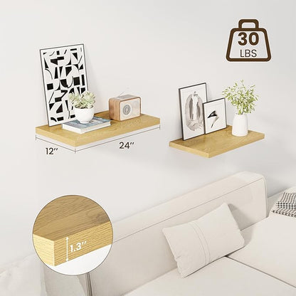 Dreamland 24" Floating Shelves for Wall, 12" Deep Slim Oak Floating Shelves, Wall-Mounted Shelves for Bedroom, Living Room, Kitchen, Bathroom - Set of 2