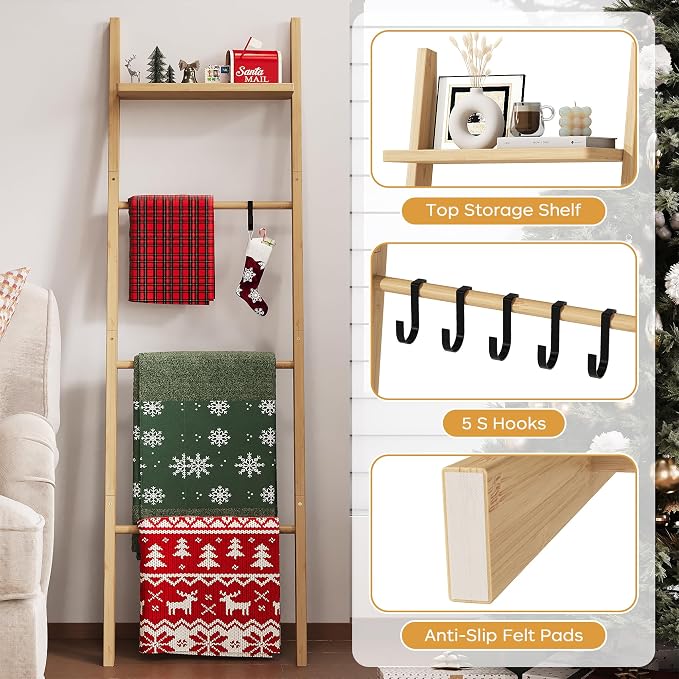 63" Bamboo Blanket Ladder with Shelf and 5 Hooks, 4 Tier Leaning Blanket Rack, Farmhouse Towel Ladder Rack, Decorative Quilt Rack Holder for Living Room Bedroom Bathroom, Natural Wood