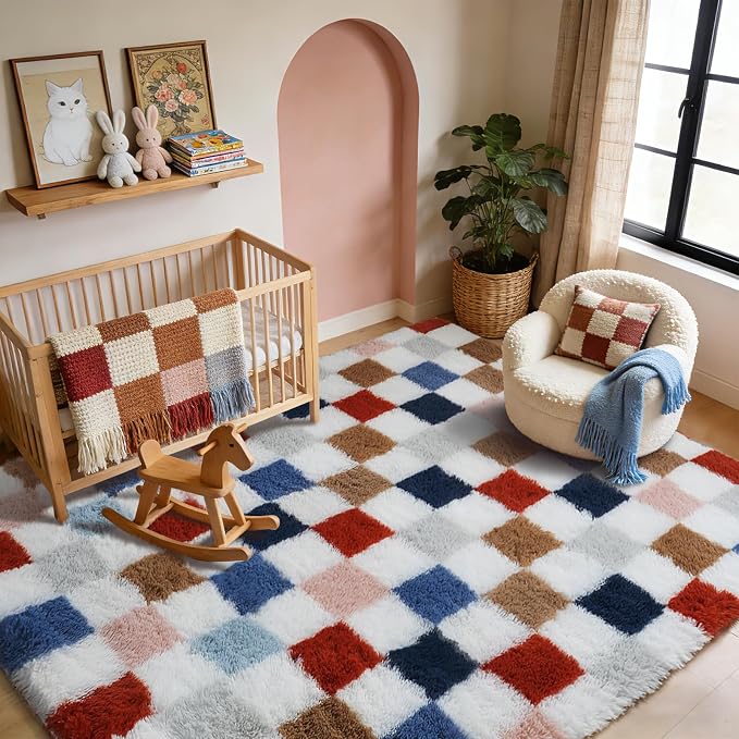 Large Shag Area Rug for Bedroom Living Room,9x12 Fluffy Soft Colorful Checkered Rug Fuzzy Shaggy Bedroom Carpet,Indoor Plush Floor Rugs for Teen Dorm Home Decor