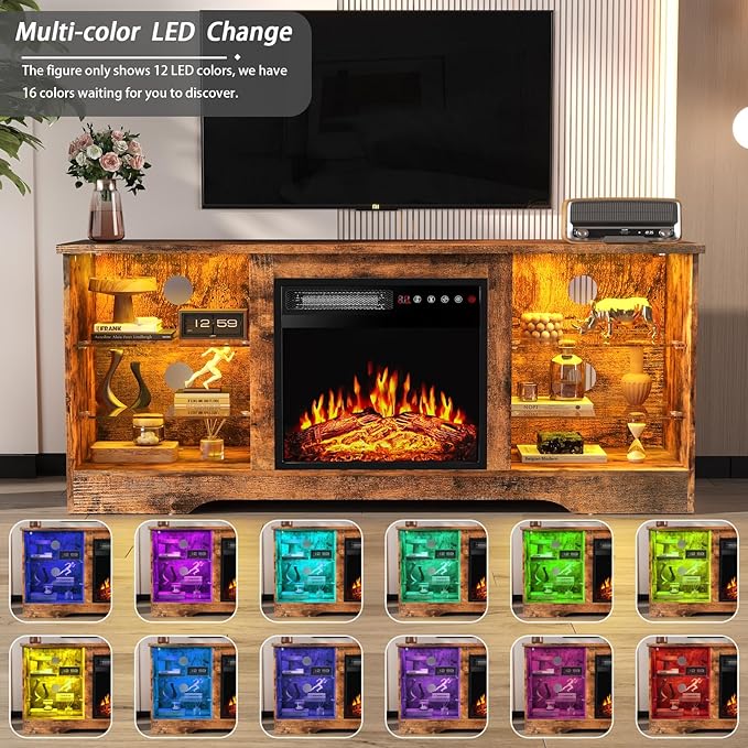 PRETZI Fireplace TV Stand with 18" Fireplace Up to 65" TVs, 58" Entertainment Center with LED Lights, TV Media Console with Adjustable Glass Shelves and Storage Cabinets for Living Room, Brown