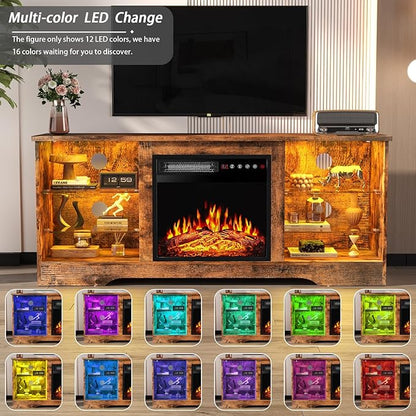 PRETZI Fireplace TV Stand with 18" Fireplace Up to 65" TVs, 58" Entertainment Center with LED Lights, TV Media Console with Adjustable Glass Shelves and Storage Cabinets for Living Room, Brown