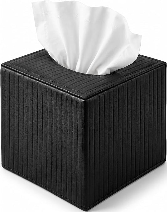 Black Square PU Leather Tissue Box Cover with Magnetic Bottom – Stylish Cube Holder for Napkins, Decorative for Bathroom, Living Room, Office, Car, Nightstand