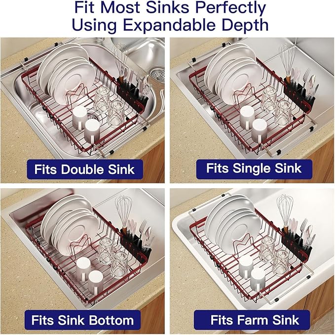 MAJALiS Red Dish Drying Rack Over The Sink with Utensil Holder, Mat | Expandable Stainless Steel Dish Drainer for Small Kitchen, Apartment, RV, Counter Space Saving, Perfect Fit, Rustproof