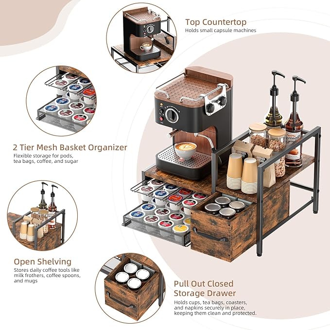 Kssiaz K Cup Holder, 2-tier Coffee Pod Holder for 48 Pods, K Cup Drawer Organizer with Sliding Storage Drawer, Coffee Bar Station Organizer for Countertop, Space Saving, Home & Office, Black