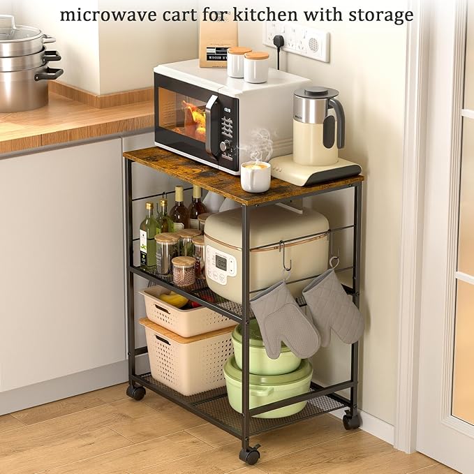ThreeHio Rolling Kitchen Microwave Cart, 3 Tier Microwave Table Stand with Storage, Kitchen Utility Cart on Lockable Wheels, Small Coffee Cart Shelf Rack Organizer for Living Room Office, Balcony