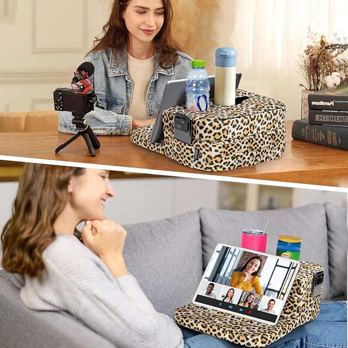 TabCouchCaddy - Couch Cup Holder Tray Pillow - Bed, Couch Caddy, Sofa, RV & Car - Holds Drinks, Snacks, Remotes, Phones, Kindle, Tablet | Bed Cup Holder (Leopard)