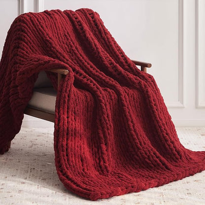 Negwoo Chunky Knit Throw Blanket, 80''*90'' Knitted Throw Chenille Yarn for Bed Couch, Handmade Red Crochet Big Thick Blanket, Machine Washable Cute Comfy Blanket for Home Decor