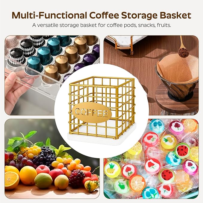 YATINEY Coffee Pod Holder for K Cup, Large Capacity Coffee Pod Organizer, Versatile Coffee Capsule Storage Basket with Wooden Base, Gold and White KH10DW