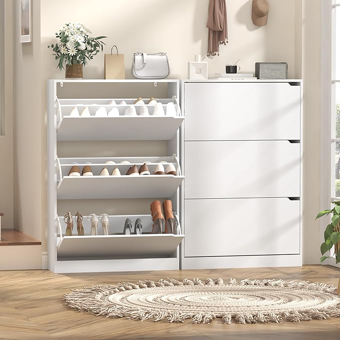 Shoe Cabinet with 3 Flip Drawers, 47" Slim Hidden Wood Shoe Storage Cabinet with Adjustable Shelf, Freestanding Narrow Shoe Rack Organizer for Entryway, Hallway, White