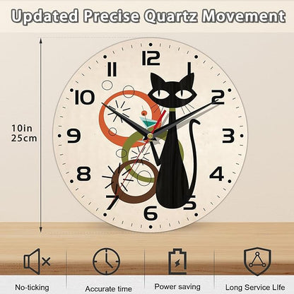 Wall Clock, Black Cat Wall Clocks Wooden Wall Clock Art Hanging Clocks Silent Non-Ticking Wall Clock Battery Operated Round Home Arabic Numeral Decorative Wall Clocks 10 Inch