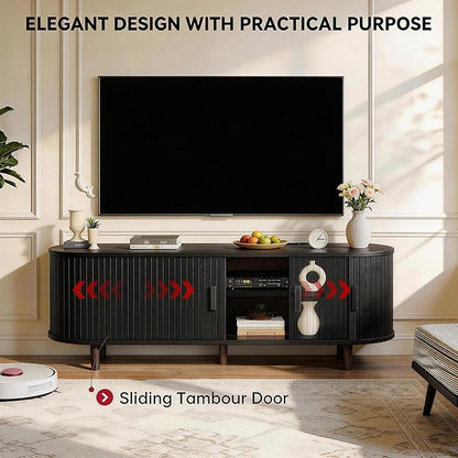 58" Mid Century Modern TV Stand with Power Outlet, Fluted Entertainment Center with Storage and Adjustable Shelves, Wood TV Console with Sliding Doors for Living Room, Black