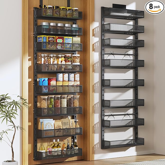 Pantry Door Organizers and Storage, 8-Tier Large Metal Heavy-Duty Frame Over the Door Spice Rack, 2 in 1 Wall-Mounted or Hanging shelf for Kitchen, Bathroom, Laundry Room, Bedroom, Closet &Nursery
