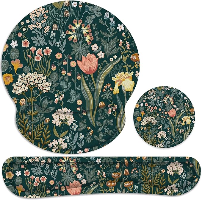 Ergonomic Mouse Pad with Wrist Rest and Keyboard Wrist Rest, Mousepad and Wrist Rest for Computer Keyboard, Pain Relief, Non-Slip Rubber Base, Mouse Pad Wrist Support for Gaming, Green Flowers