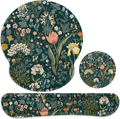 Ergonomic Mouse Pad with Wrist Rest and Keyboard Wrist Rest, Mousepad and Wrist Rest for Computer Keyboard, Pain Relief, Non-Slip Rubber Base, Mouse Pad Wrist Support for Gaming, Green Flowers