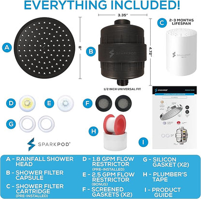 SparkPod 23-Stage Filtered Shower Head, 8" Round, Oil-Rubbed Bronze | Filtered Shower Head for Hard Water Filter, High Pressure, Reduces Chlorine, Heavy Metals, For Dry Skin & Hair