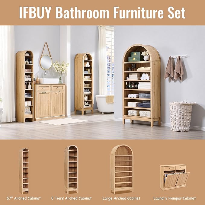 67" Tall Arched Bathroom Storage Cabinet, 8-Tier Modern Farmhouse Storage Cabinet with Adjustable Shelves, Wood Freestanding Cabinet for Bathroom, Living Room, Entryway, Hallway (Natural)