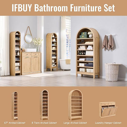 71" Tall Arched Bathroom Storage Cabinet, 8-Tier Modern Farmhouse Storage Cabinet with Adjustable Shelves, Wood Freestanding Cabinet for Bathroom, Living Room, Entryway, Hallway (Natural)