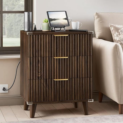 Walnut Fluted nightstands Set of 2, 20 inch Modern Nightstand with Charging Station Wood Bedside End Table with 3 Large Storage Drawers, Tall Side Table for Bedroom Sofa Office