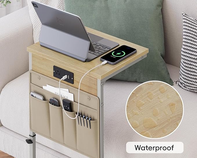 Vagusicc C Shaped End Table with Charging Station, 33" Tall Side Table for Couch, Sofa Table Adjustable Height Small Couch Side C Table, Slide Under Sofa Tray Table for Living Room, Bedroom, Natural