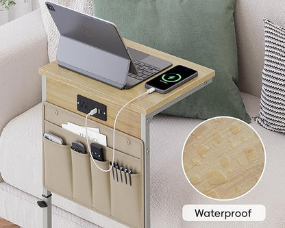Vagusicc C Shaped End Table with Charging Station, 33" Tall Side Table for Couch, Sofa Table Adjustable Height Small Couch Side C Table, Slide Under Sofa Tray Table for Living Room, Bedroom, Natural