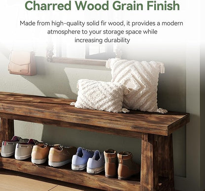 55" Solid Wood Entryway Bench with Shoe Storage, Rustic Charred Wood Grain Foyer Bench with Open Shelf for Hallway, Mudroom, Bedroom, Easy Assembly