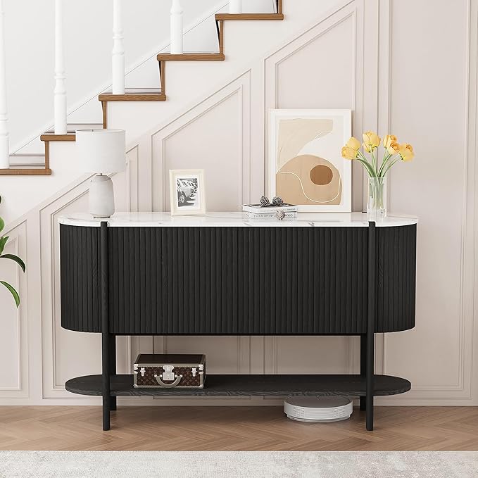 Console Table with Storage, Fluted Entryway Table with 2 Doors and Open Shelf, Long Sofa Table Behind Couch for Living Room, Hallway (Black)