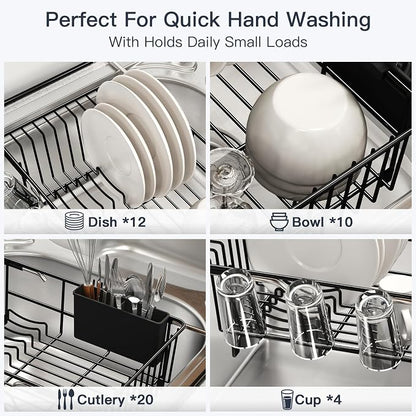MAJALiS Dish Drying Rack Over The Sink with Utensil Holder, Drainboard | Expandable Stainless Steel Dish Drainer for Small Kitchen, Apartment, RV, Counter Space Saving, Perfect Fit, Rustproof