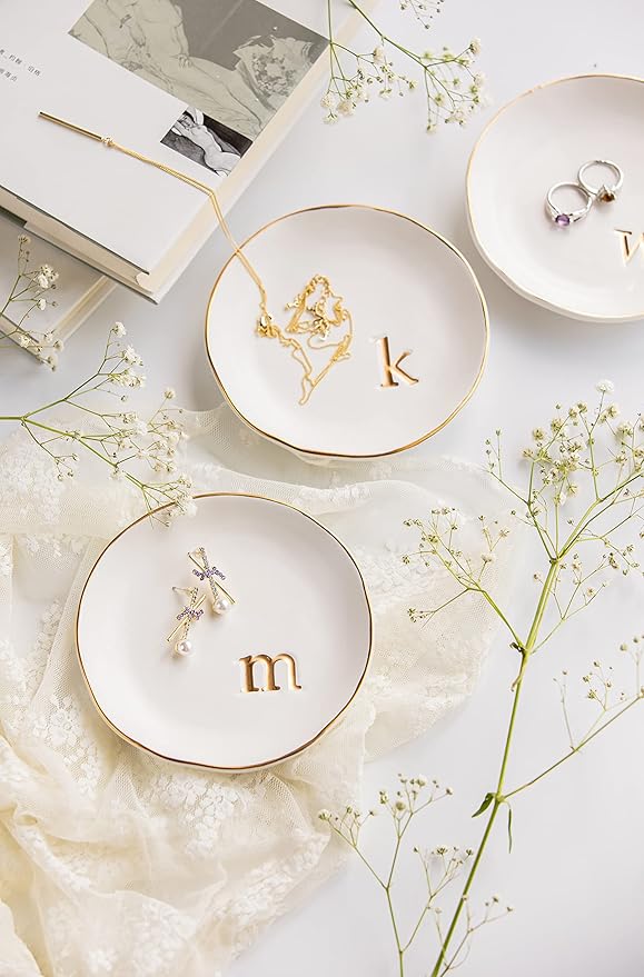 COLLECTIVE HOME - Ceramic Jewelry Tray, Decorative Trinket Dish for Rings Earrings Necklaces Bracelet Watch Keys, Birthday Mother's Day Christmas Gift for Women, 4.75", White Surface (K)